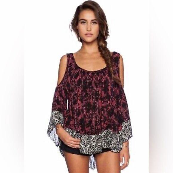 Free People Tops - Free People Chloe Cold Shoulder Cherry Combo Floral Keyhole  Blouse